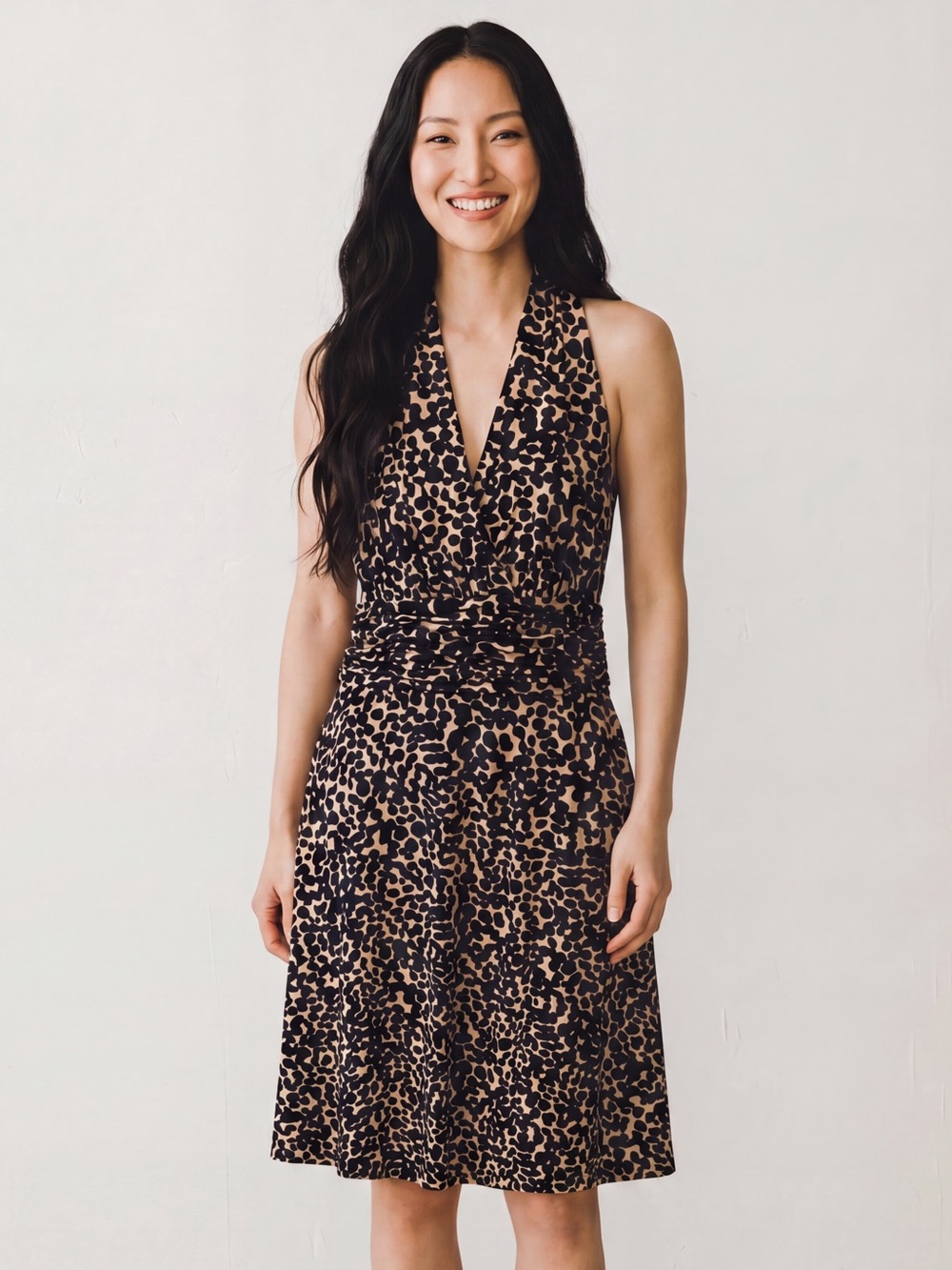 Evan‎ Picone Animal Print Ruched Waist Sleeveless Midi Dress Career Cocktail